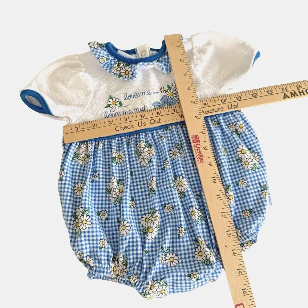 Vtg 90s Healthtex Baby Girls 6-9M Bubble Romper Daisy Flower Blue Gingham USA